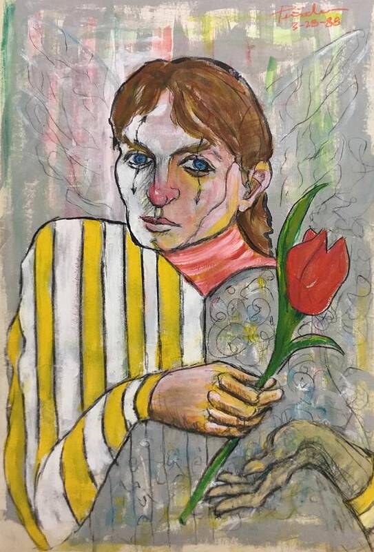 Ricardosart37 Art Print featuring the painting Harlequin with Wings Holding a Red Tulip by Ricardo Penalver deceased