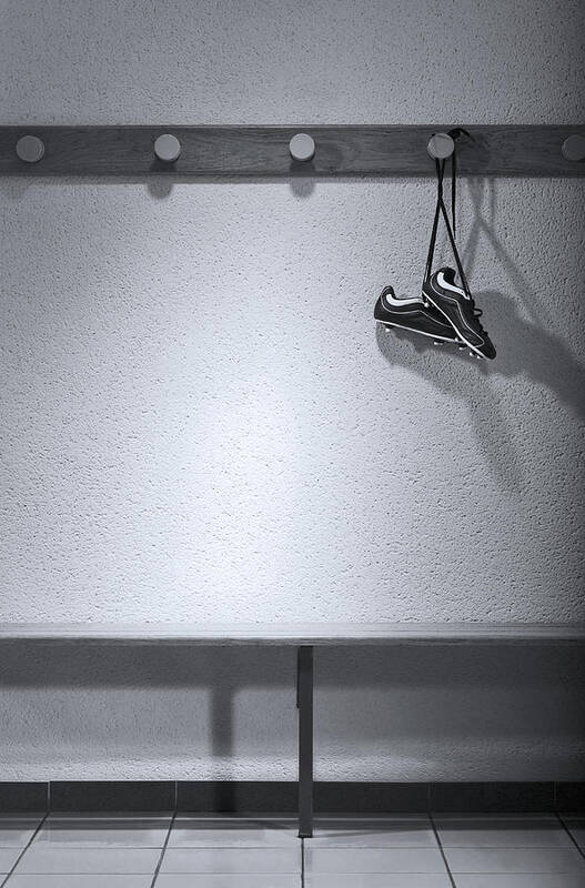 Hanging Art Print featuring the photograph Football Boots Hanging In Change Room by Photo And Co