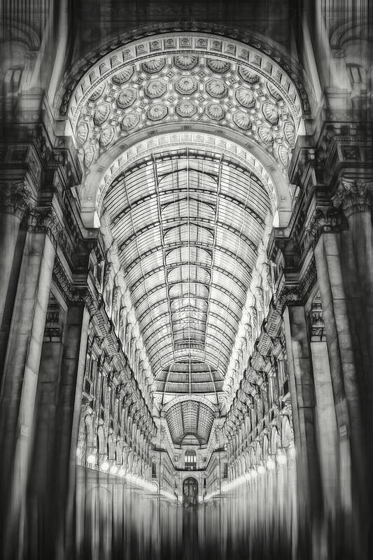 Milan Art Print featuring the photograph Galleria Vittorio Emanuele II Milan Italy by Night Black and White by Carol Japp