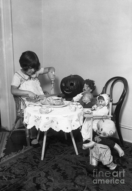 Child Art Print featuring the photograph Girl 6-7 Dining With Her Dolls And Toys by Bettmann