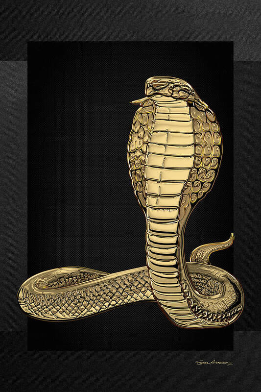 'beasts Creatures And Critters' Collection By Serge Averbukh Art Print featuring the digital art Gold King Cobra on Black Canvas by Serge Averbukh