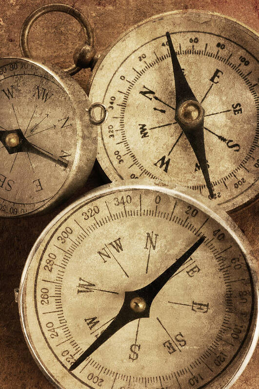 East Art Print featuring the photograph Group Of Three Compasses With Textured by Dny59