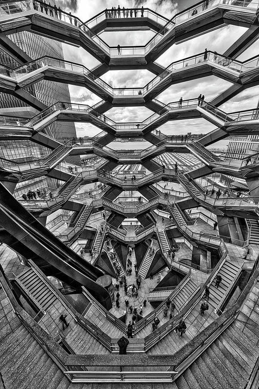 Hudson Yards Art Print featuring the photograph Inside the Hudson Yards Vessel NYC BW by Susan Candelario