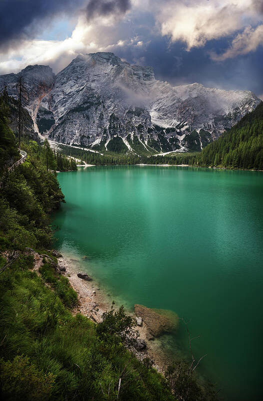 Water's Edge Art Print featuring the photograph Lago Di Braies And Dolomites, Northern by Sankai