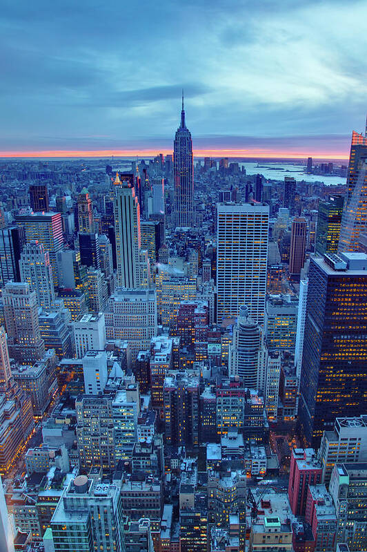 Tranquility Art Print featuring the photograph Manhattan Skyscrapers At Sunset by J. Andruckow