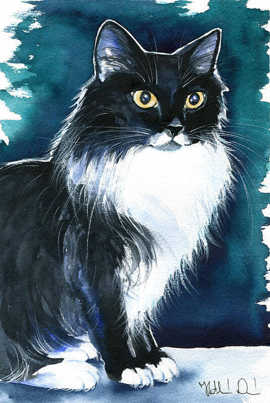 Cats Art Print featuring the painting Molly Long Haired Tuxedo Cat Painting by Dora Hathazi Mendes