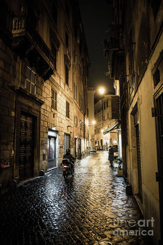 Italy Art Print featuring the photograph Motorbike in Narrow Street at Night in Rome in Italy by Andreas Berthold