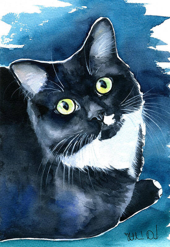 Marina Art Print featuring the painting Mystical Marina Fluffy Tuxedo Cat Painting by Dora Hathazi Mendes