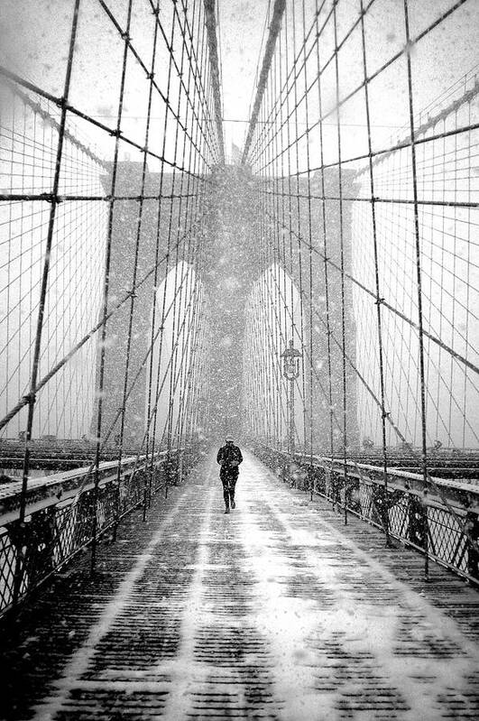 Architecture Art Print featuring the photograph New York Walker In Blizzard - Brooklyn Bridge by Martin Froyda