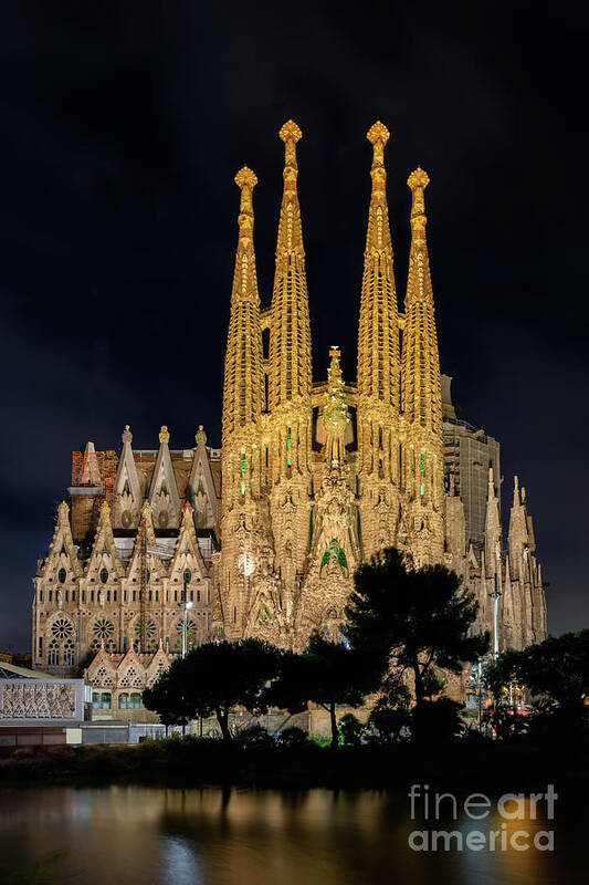 Sagrada Familia Art Print featuring the photograph Night View Of Nativity Facade by Valeryegorov