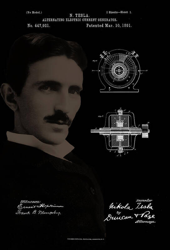 Nikola Tesla Alternating Current Electric Generator Patent Drawing Art Print featuring the photograph Nikola Tesla Alternating Current Electric Generator Patent Drawing by Carlos Diaz