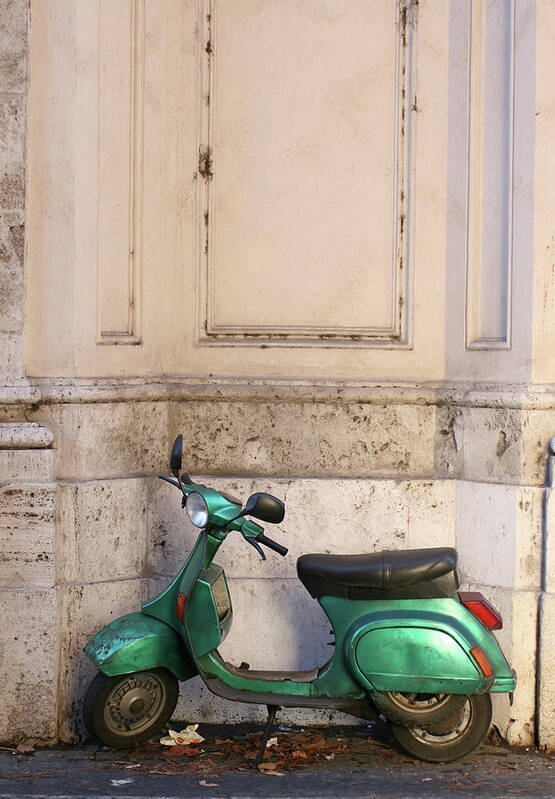 Old Town Art Print featuring the photograph Old Green Scooter Parked In Rome, Italy by Romaoslo