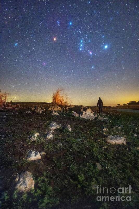 Astronomical Art Print featuring the photograph Orion And Betelgeuse In The Night Sky Over Countryside by Miguel Claro/science Photo Library