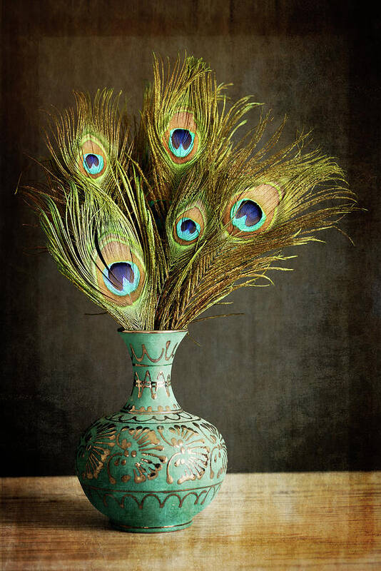 Peacock Feathers In Blue Vase Art Print featuring the photograph Peacock Feathers In Blue Vase by Tom Quartermaine