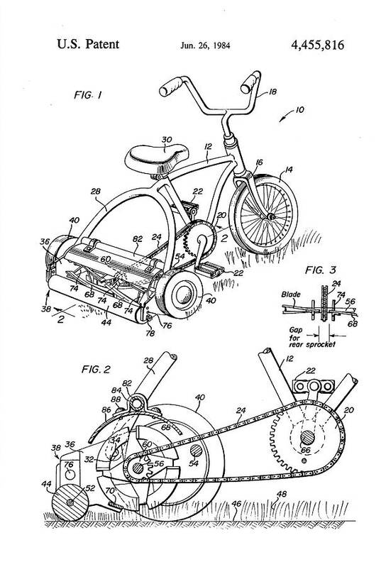 Vintage Patent Drawing Art Print featuring the digital art Pedal Operated Mower, No Fossil Fuels Used by Print Collection