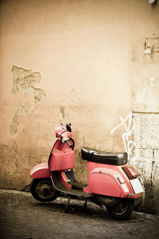 Desaturated Art Print featuring the photograph Pink Scooter And Roman Wall, Rome Italy by Romaoslo