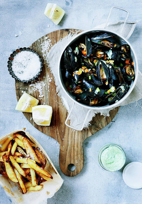 Cutting Board Art Print featuring the photograph Platter Of Steamed Mussels And Fries by Line Klein