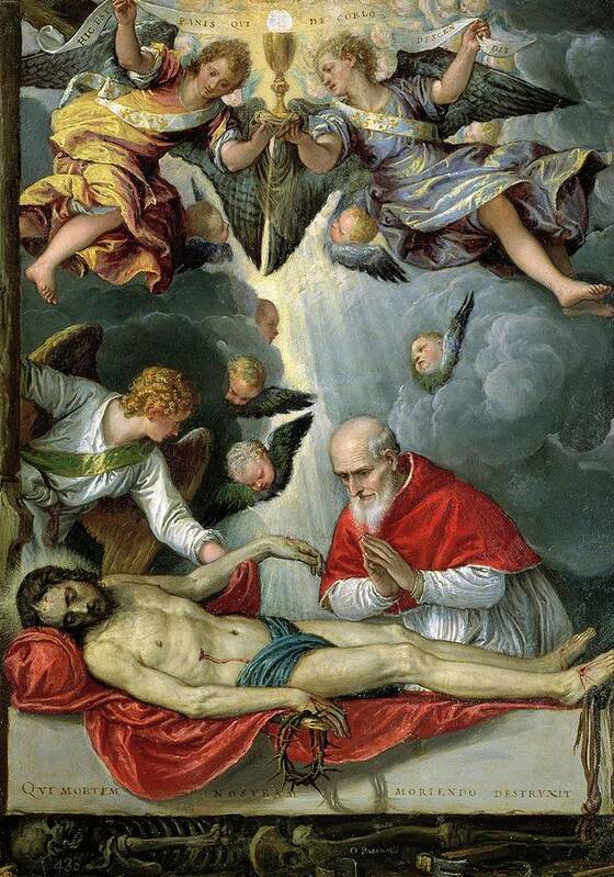 Parrasio Michele Art Print featuring the painting 'Pope Pius V worshipping the body of Christ', 1572-1575, Italian School, Oil o... by Parrasio Micheli -c 1515-1578-