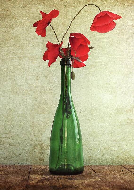 Bulgaria Art Print featuring the photograph Poppies In A Green Bottle by By Julie Mcinnes