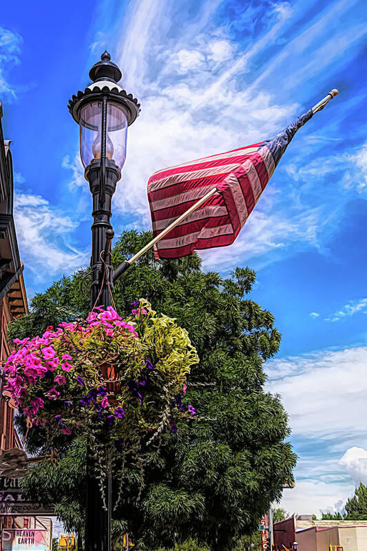 American Art Print featuring the photograph Pretty All American Lamp Post Flowers and Flag by Debra Martz