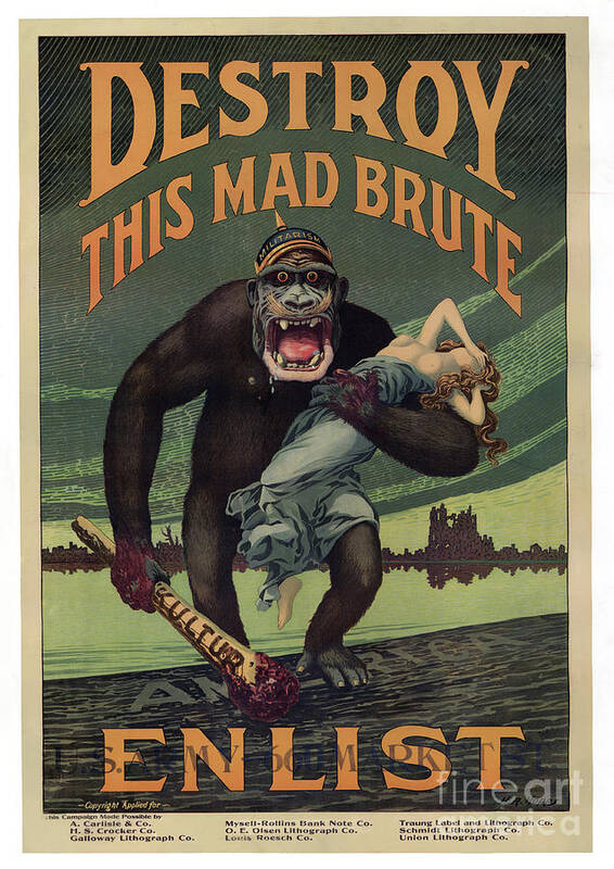 Usa Art Print featuring the drawing Recruitment Campaign destroy This Mad Brute - Enlist, Pub. 1917 by Harry R. Hopps