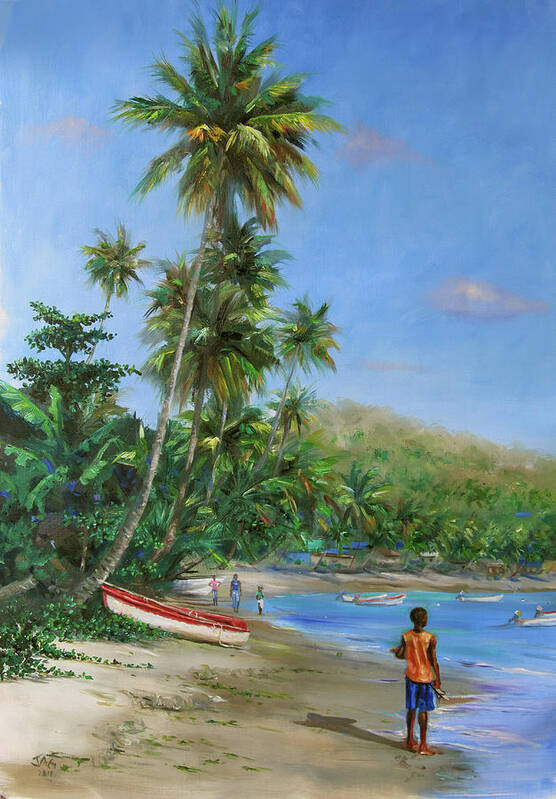 Caribbean Art Art Print featuring the painting Red and White Boat by Jonathan Gladding