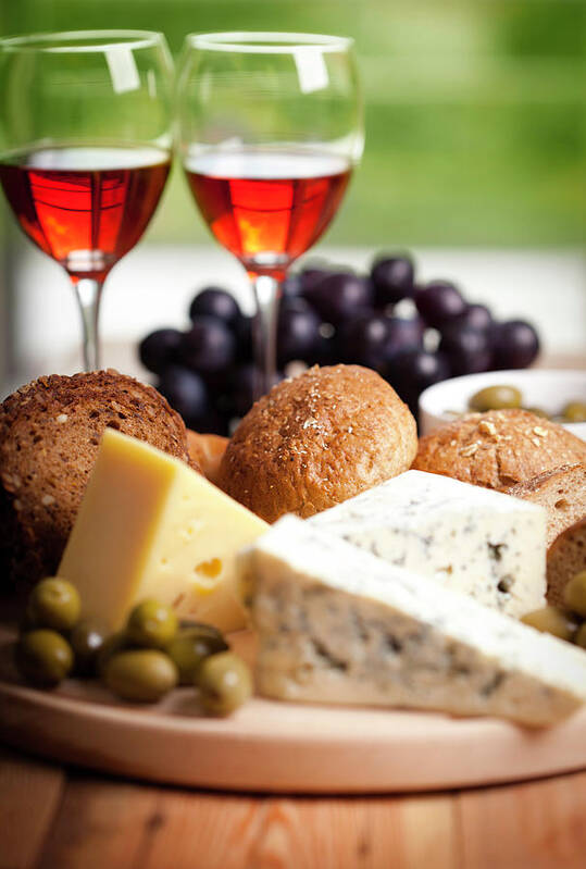 Cheese Art Print featuring the photograph Red Wine Whit Cheese And Olives by Jasmina007