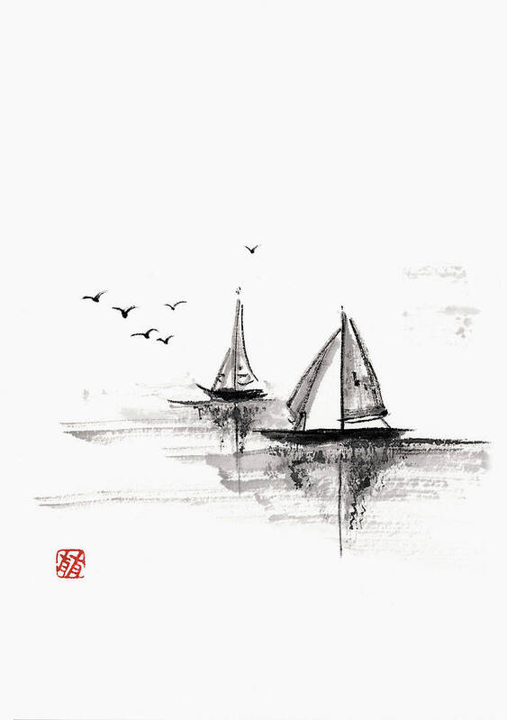 Ink And Brush Art Print featuring the digital art Sailboats On The Water by Daj
