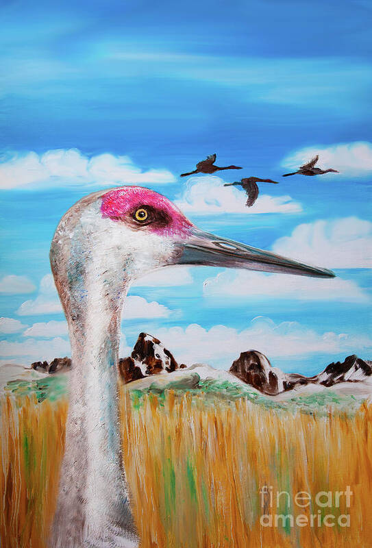 Sandhill Crane Art Print featuring the painting Sandhill Crane Teton View by Shelley Myers