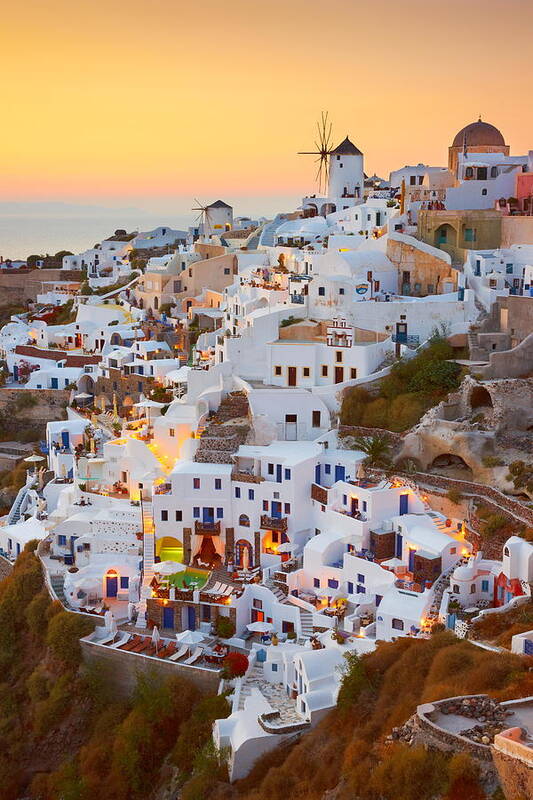 Landscape Art Print featuring the photograph Santorini - White Houses And Windmills by Jan Wlodarczyk