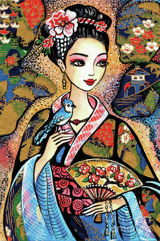 Woman And Bird Art Print featuring the painting Sayuri by Eva Campbell