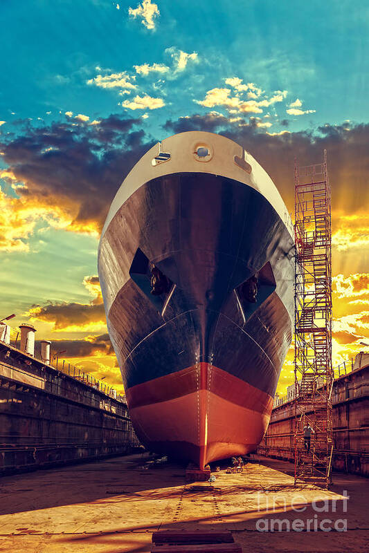 Container Art Print featuring the photograph Ship In Dry Dock At Sunrise - Shipyard by Nightman1965