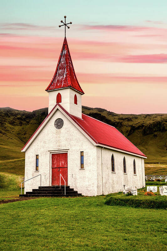 Church Art Print featuring the photograph Sunset Chapel of Iceland by David Letts