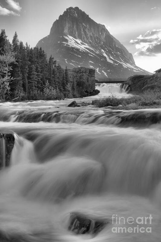 Swift Current Falls Art Print featuring the photograph Swiftcurrent Falls Spring SUnset Black And White by Adam Jewell