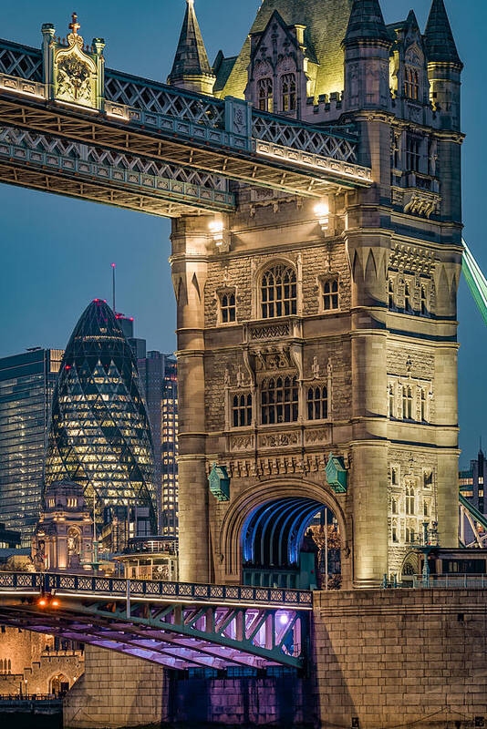 London Art Print featuring the photograph The beautiful Tower bridge in London seen at night by George Afostovremea