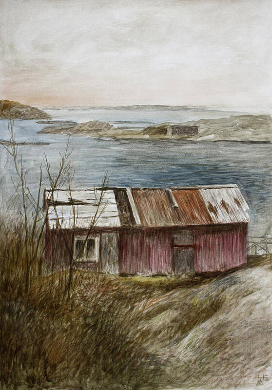 Hans Egil Saele Art Print featuring the painting Fisherman's Shed at the World's End by Hans Egil Saele