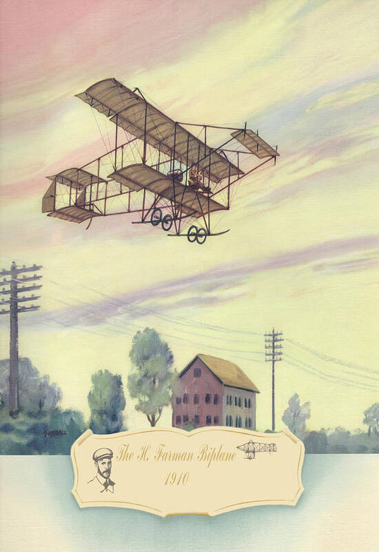 Bi-plane Art Print featuring the painting The H. Farman Plane, 1910 by Charles H. Hubbell