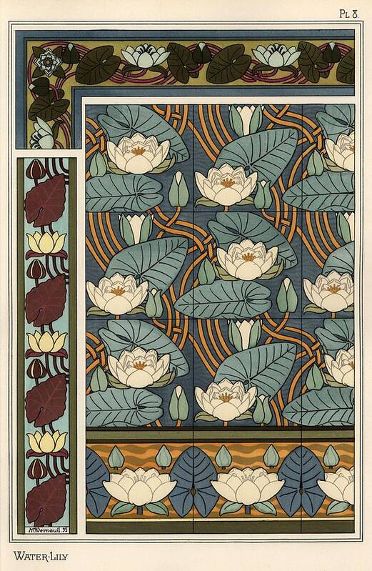 1841-1917 Art Print featuring the drawing The water lily, Nelumbo lutea, in wallpaper and tile patterns. Lithograph by Verneuil. by Album