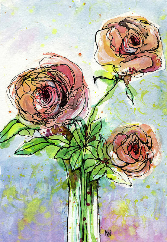 Watercolor Art Print featuring the painting Three Roses by AnneMarie Welsh