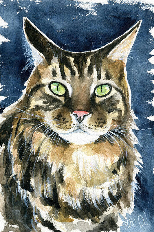Maine Coon Art Print featuring the painting Tickie Maine Coon Portrait by Dora Hathazi Mendes