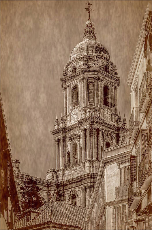 Cathedral Of Malaga Art Print featuring the photograph Towering Above Malaga, Sepia Vertical by Marcy Wielfaert