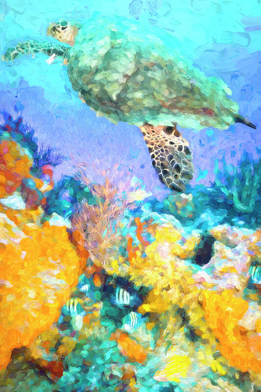 Atlantic Art Print featuring the photograph Turtle at the Reef Watercolor Painting by Debra and Dave Vanderlaan