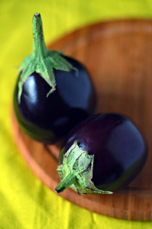 Cutting Board Art Print featuring the photograph Two Baby Aubergines Eggplants by Photo By Ira Heuvelman-dobrolyubova
