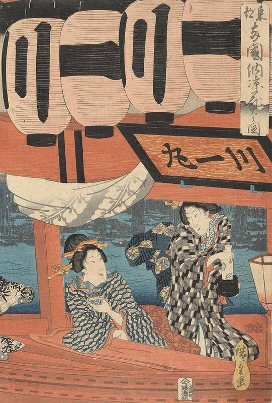 Utagawa Hiroshige Art Print featuring the painting Two Women on a Boat, right sheet of the triptych Evening Cool and Fireworks at Ryogoku in the Eas... by Utagawa Hiroshige
