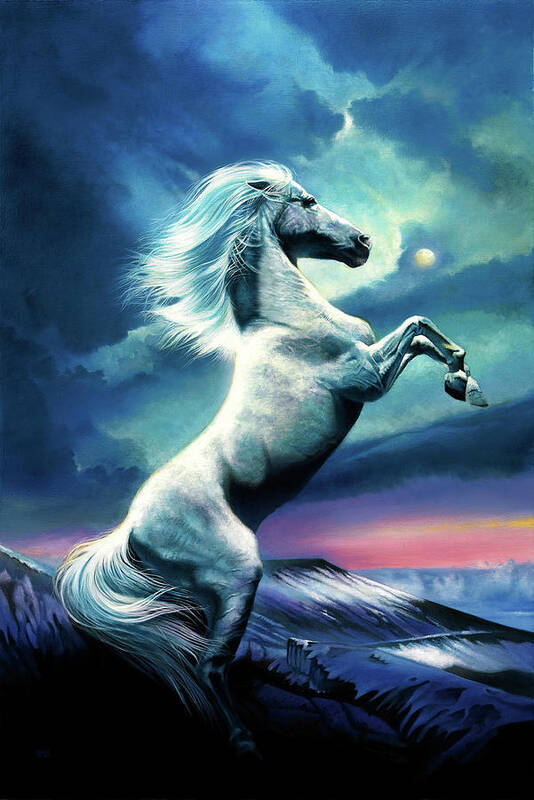 White Stallion Art Print featuring the painting White Stallion by John Rowe