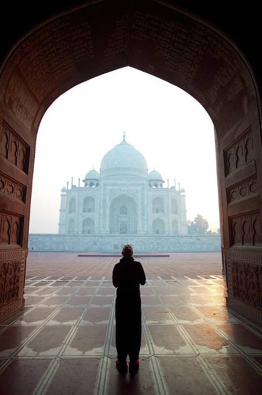Arch Art Print featuring the photograph Woman At The Taj Mahal by Dominik Eckelt