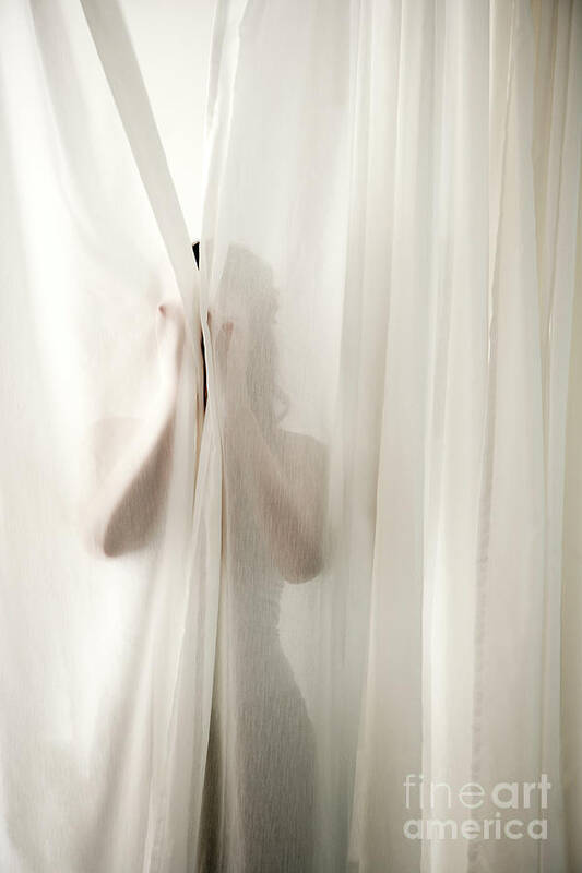 Hiding Art Print featuring the photograph Woman Behind Curtains by Wealan Pollard