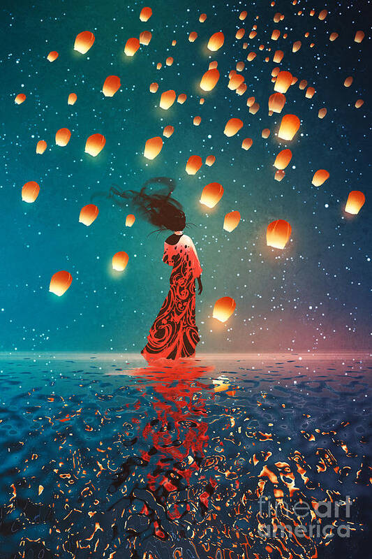 Dress Art Print featuring the digital art Woman In Dress Standing On Water by Tithi Luadthong