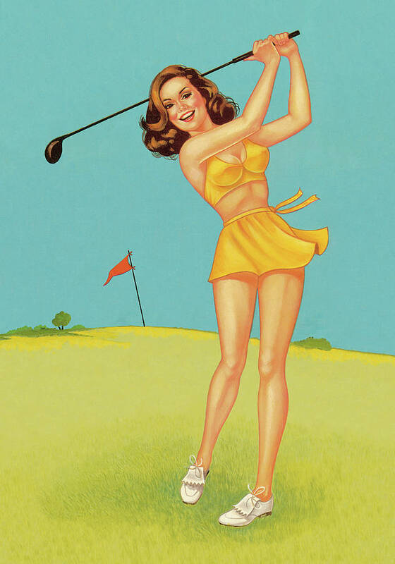 Action Art Print featuring the drawing Woman in Yellow Playing Golf by CSA Images