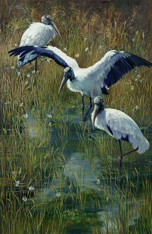 Birds Art Print featuring the painting Woodstorks Breakfast Club by Laurie Snow Hein